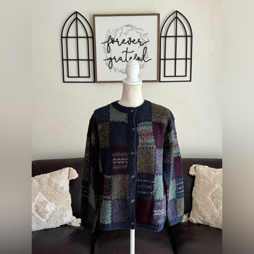 EDDIE BAUER Vintage 100% Wool Deer Bay Patchwork Cardigan Sweater Size M Retro